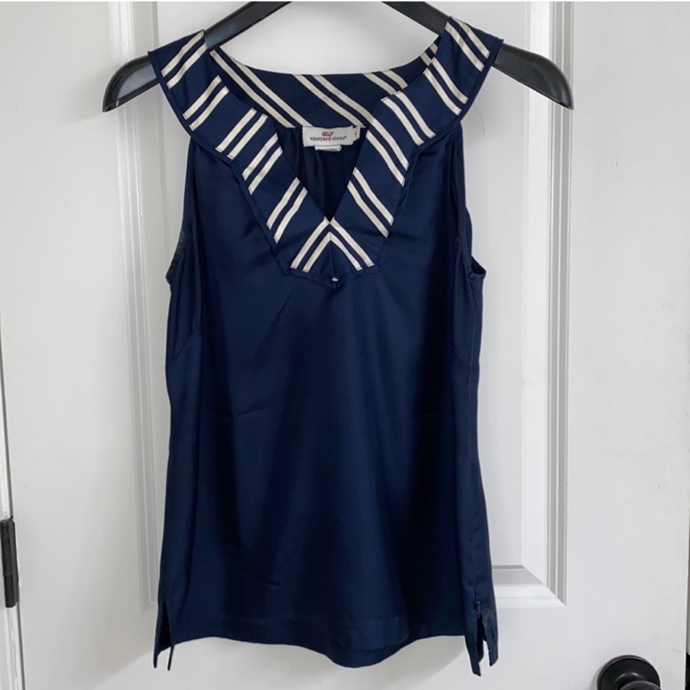 Vineyard Vines 100% Silk Stripe V Neck Tank in Navy Blue
